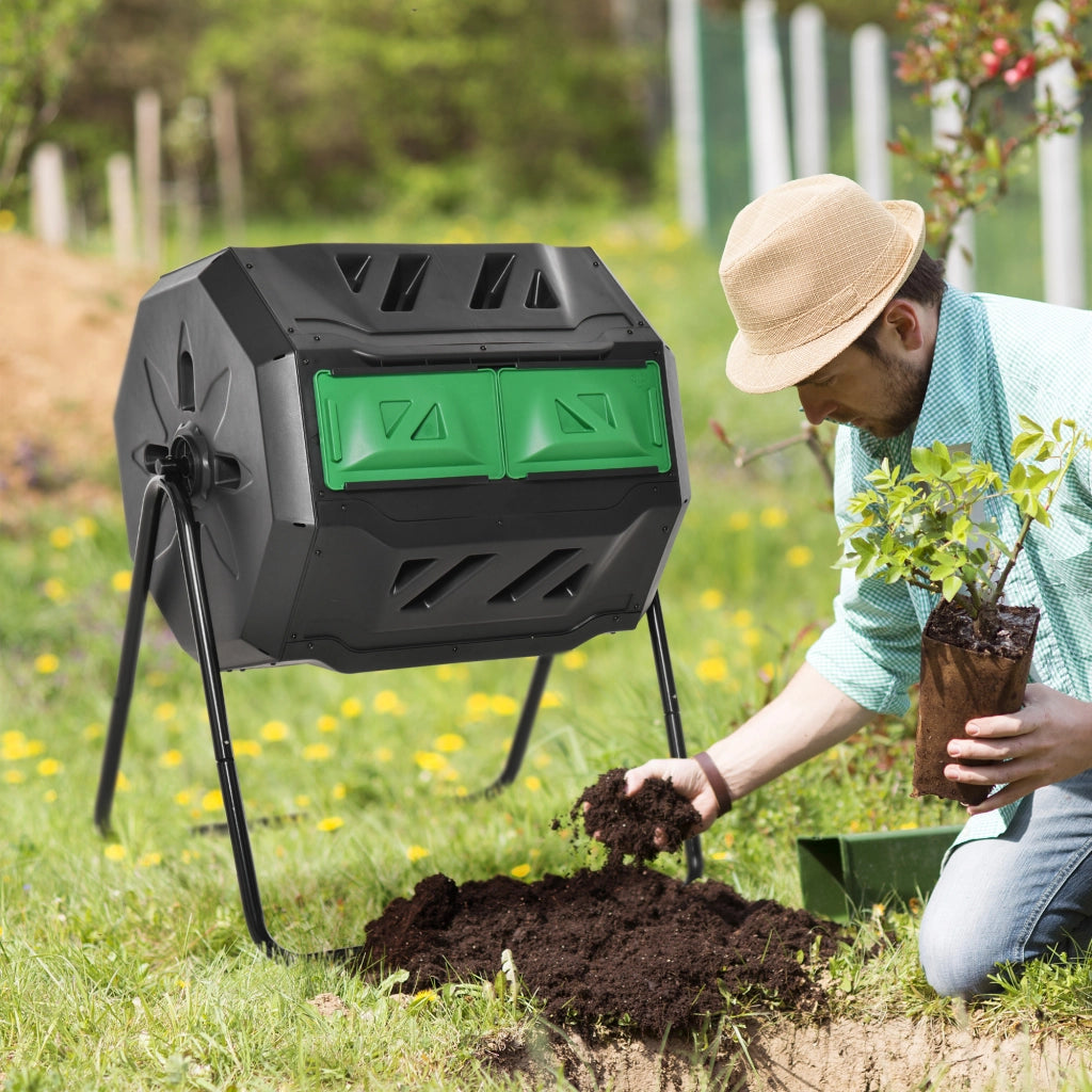 Composter a tamburo 160 L con 2 camere, rotazione 360°, nero