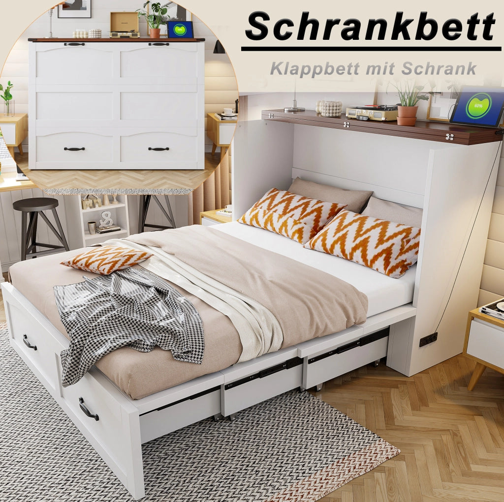 Letto a scomparsa pieghevole 140x200 cm con presa EU; bianco