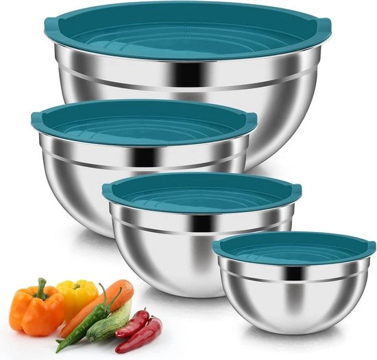 Set di 4 contenitori con coperchio ermetico per cucinare e cuocere - Contenitori sovrapposti in acciaio inossidabile - Scelta salutare - Blu 4,5 l / 3 l / 1,5 l / 1,2 l