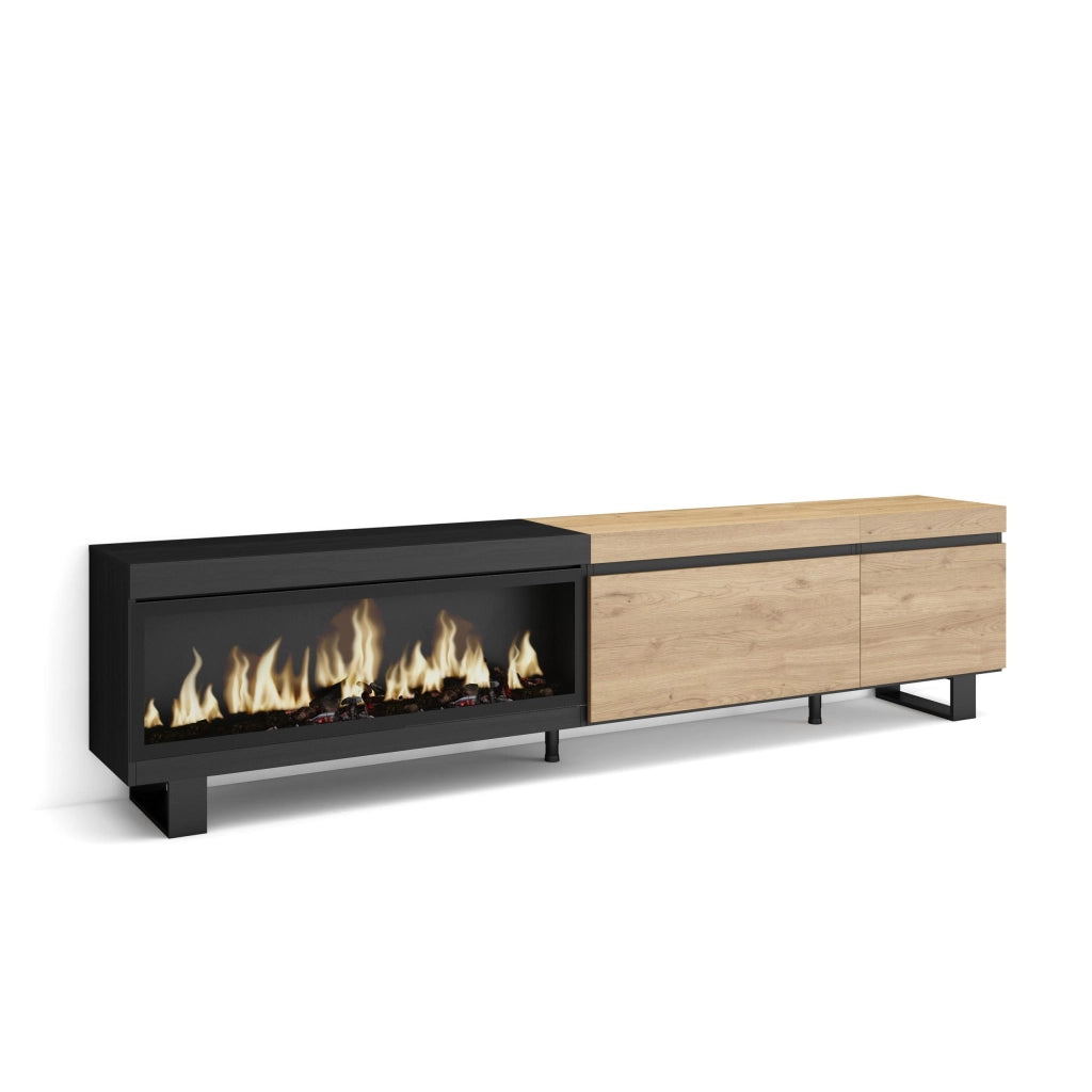 Mobile TV Soggiorno, 237x35x57cm, TV di grande formato, Camino elettrico XXL, Design industriale, colore Rovere e nero RF3584