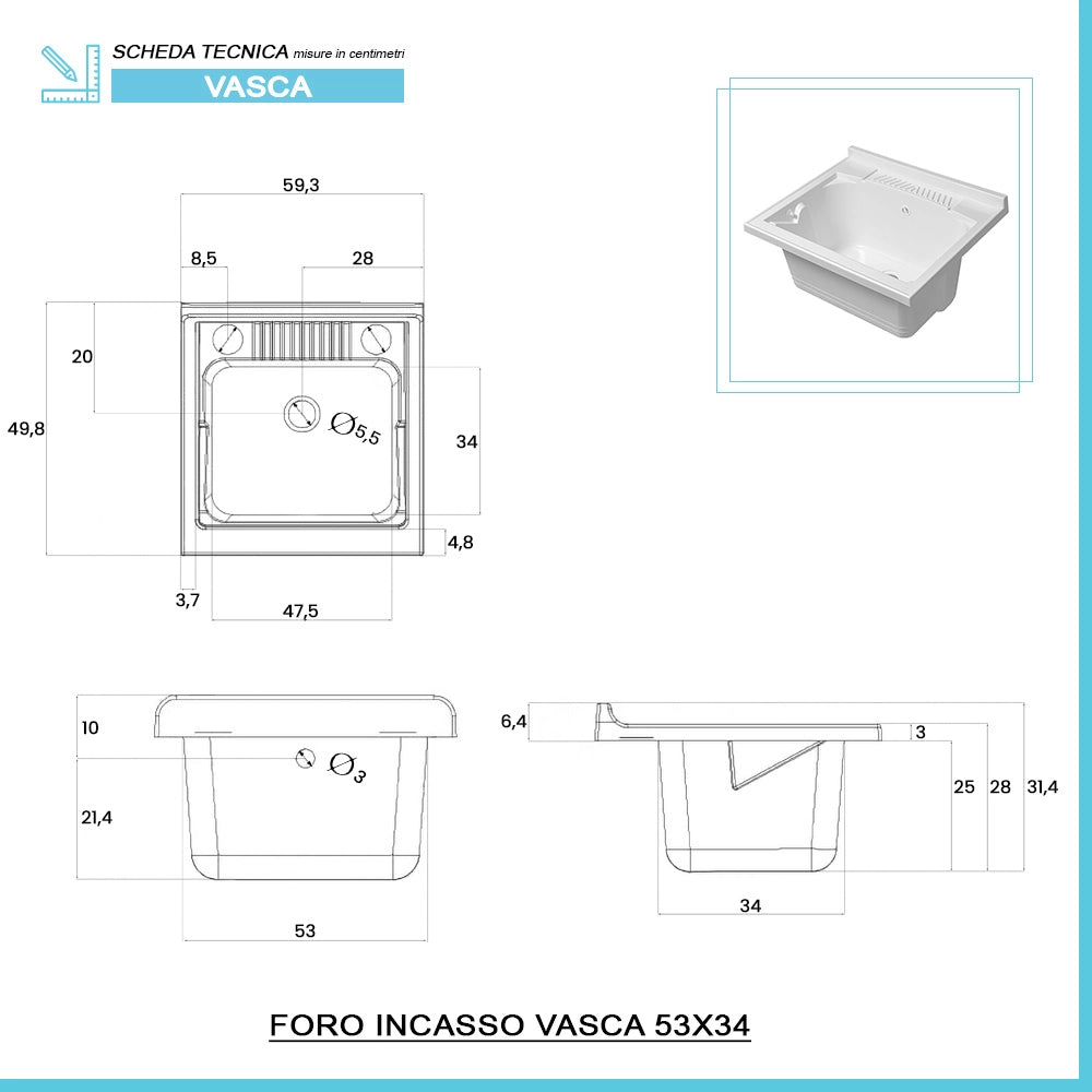 Mobile lavatoio 60x50 cm rovere con vasca in resina e asse lavapanni