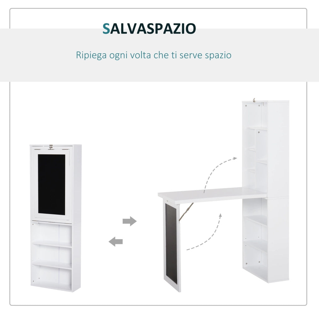 Easycomfort Scrivania PC Pieghevole con Libreria a 9 Ripiani in Legno e Metallo, 98x51x153 cm, Bianco