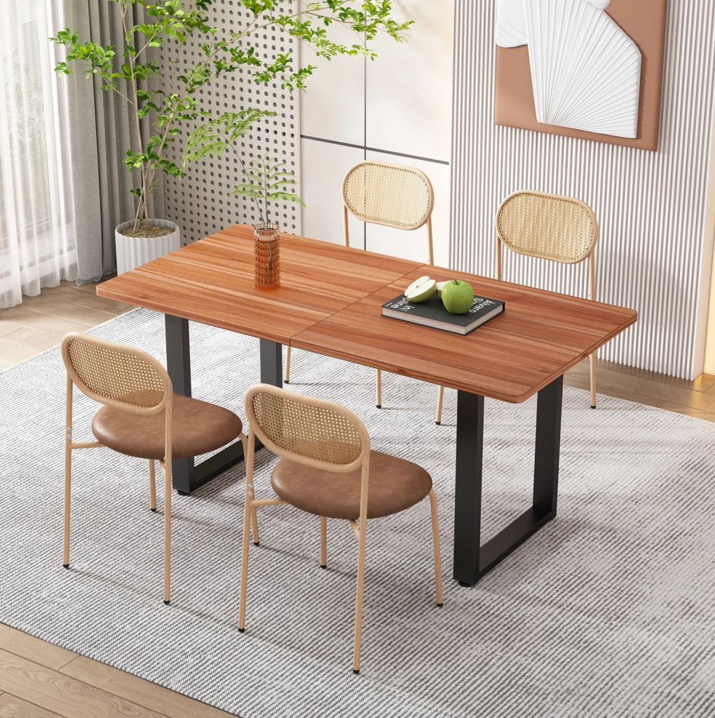 Set di 4 sedie da pranzo in PU marrone con schienale in rattan naturale