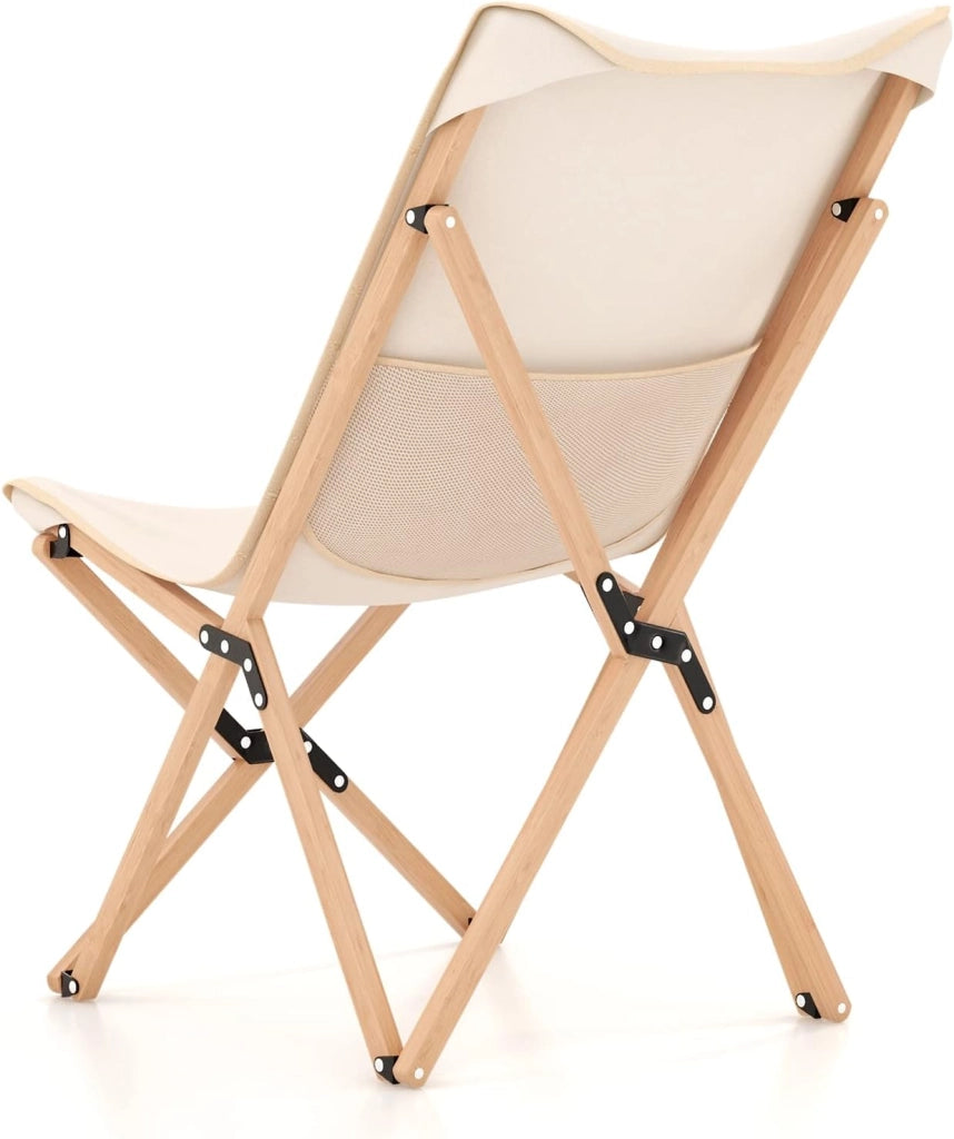 Set di 2 Sedie da Campeggio a Farfalla Pieghevole, con Borsa per il Trasporto, Sedia da Giardino in Bambù con Tasca Portaoggetti, Capacità di 150 KG, per Campeggio Pesca Picnic (Beige)