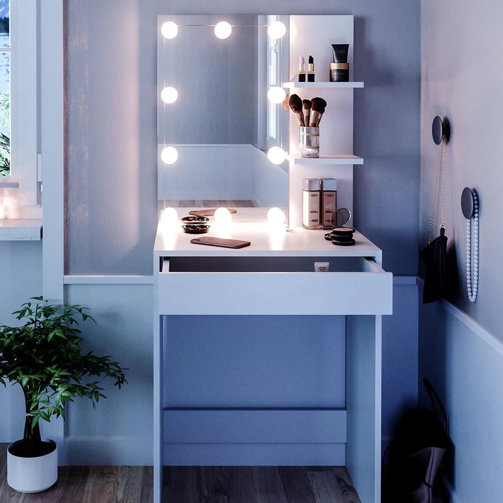 Tavolo da toeletta Isabelle, Bianco, 60 cm con illuminazione a LED, Salvaspazio e funzionale allo stesso tempo
