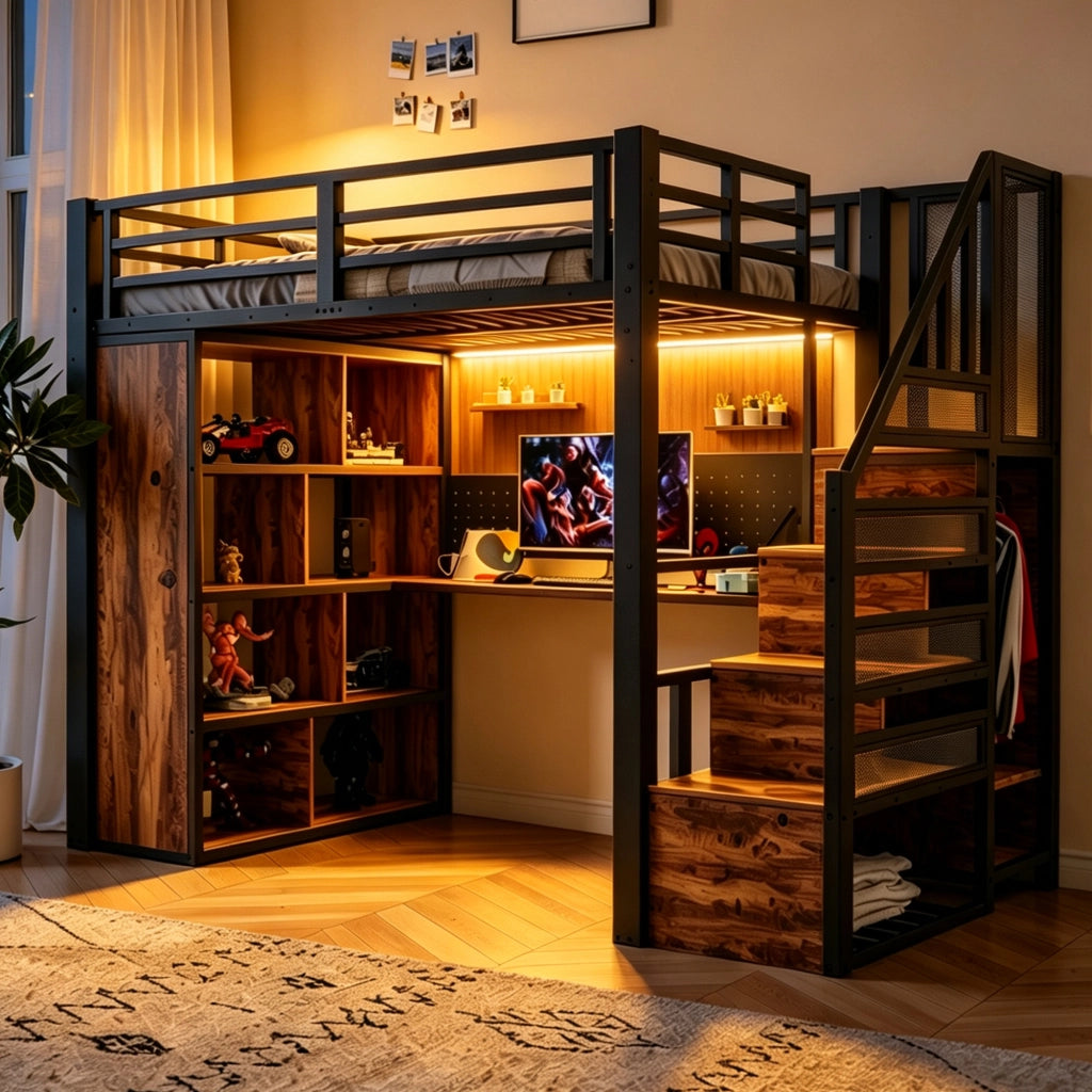 Letto a soppalco in metallo 90x200 con scrivania; armadio e LED; nero