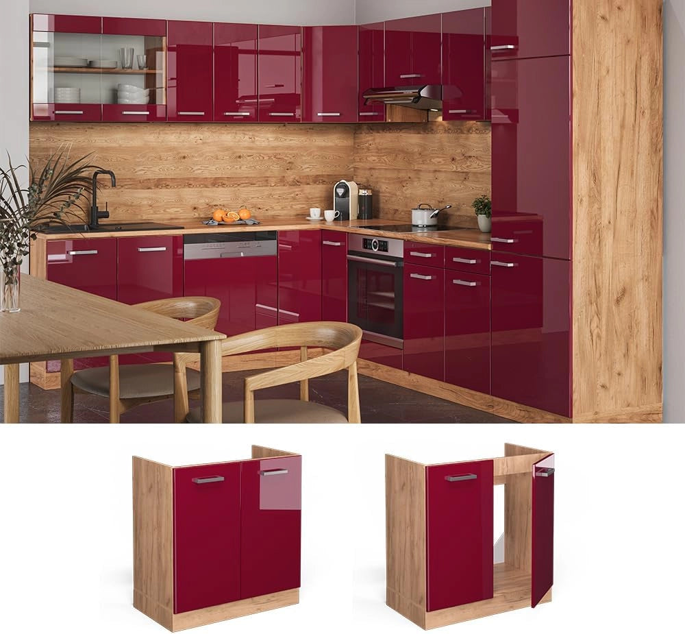 Mobile lavello cucina R-Line, Rosso lucido, 80 cm senza piano di lavoro, per la libera combinazione all'interno di sistemi cucina modulari