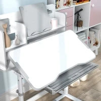 Set Scrivania e Sedia per Bambini Regolabili, Banco Scuola con Piano Inclinabile, Cassetto, Scaffale, Grigio