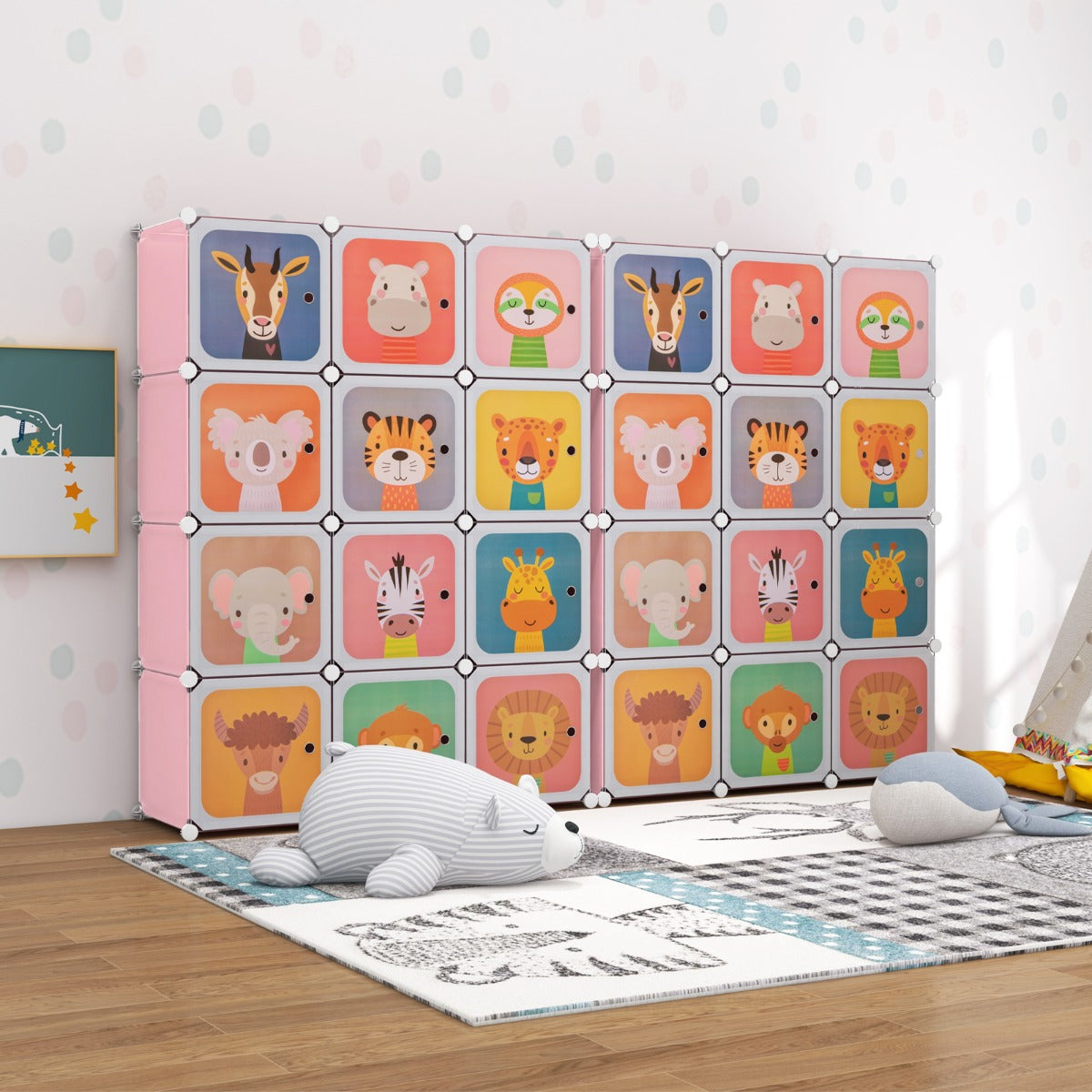 Armadio portatile per bambini, Armadio con 12 cubi con 2 sezioni appendibili com¨° con cartoon Rosa-Scaffalature