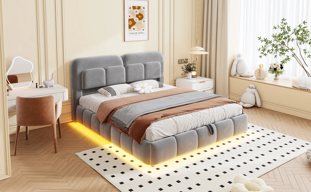 DESMIU Letto contenitore matrimoniale 140 × 200 cm con vano idraulico e LED, senza materasso, velluto grigio