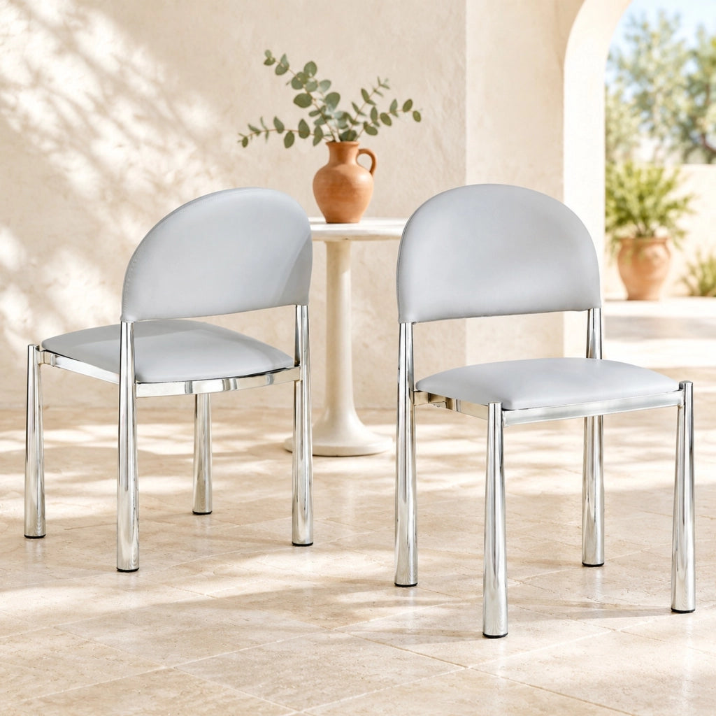 Sedia da pranzo moderna in PU grigio chiaro con schienale semicircolare