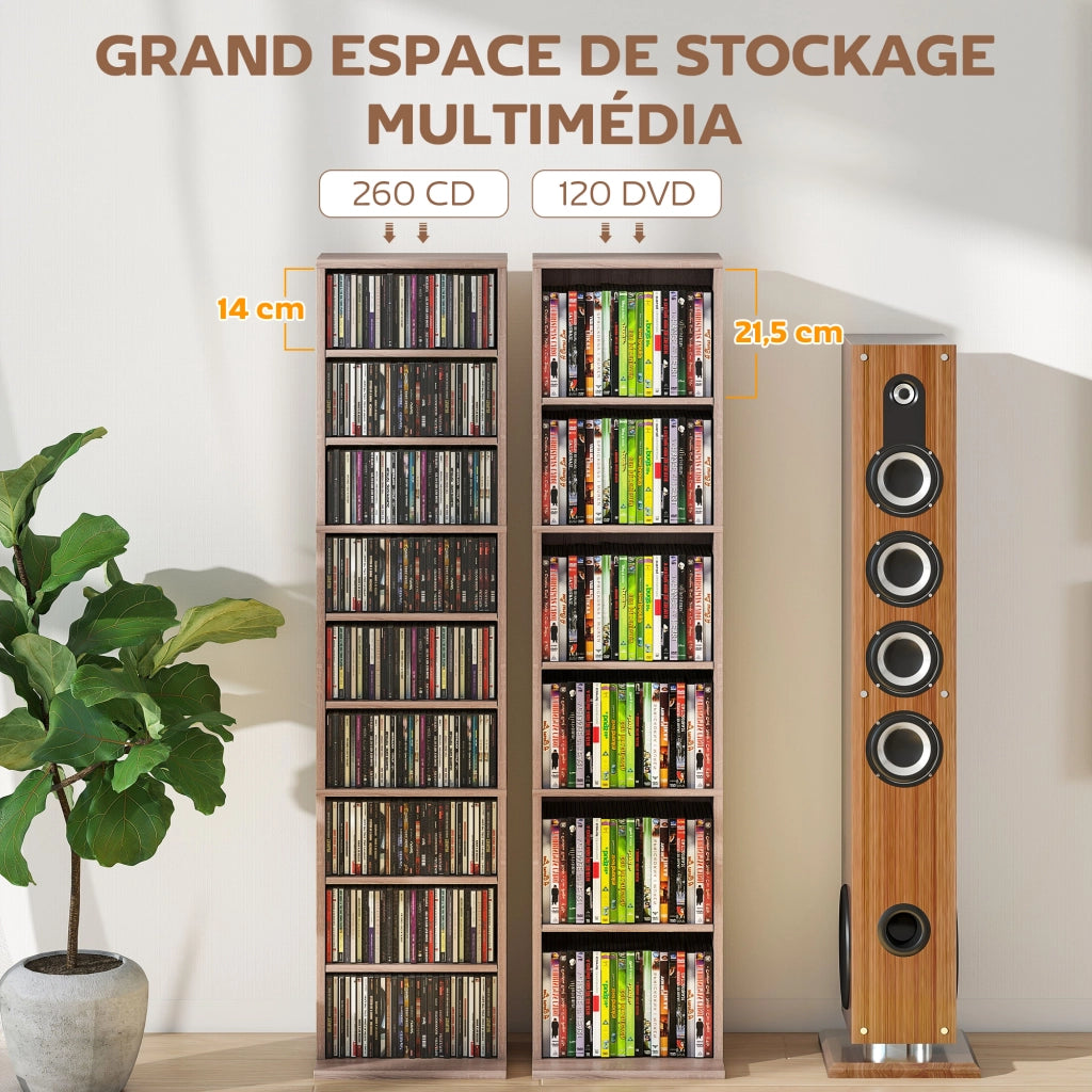 Libreria per CD e DVD ¨C zephmum ¨C 9 compartimenti, 6 ripiani regolabili, 33x24x140 cm, legno naturale