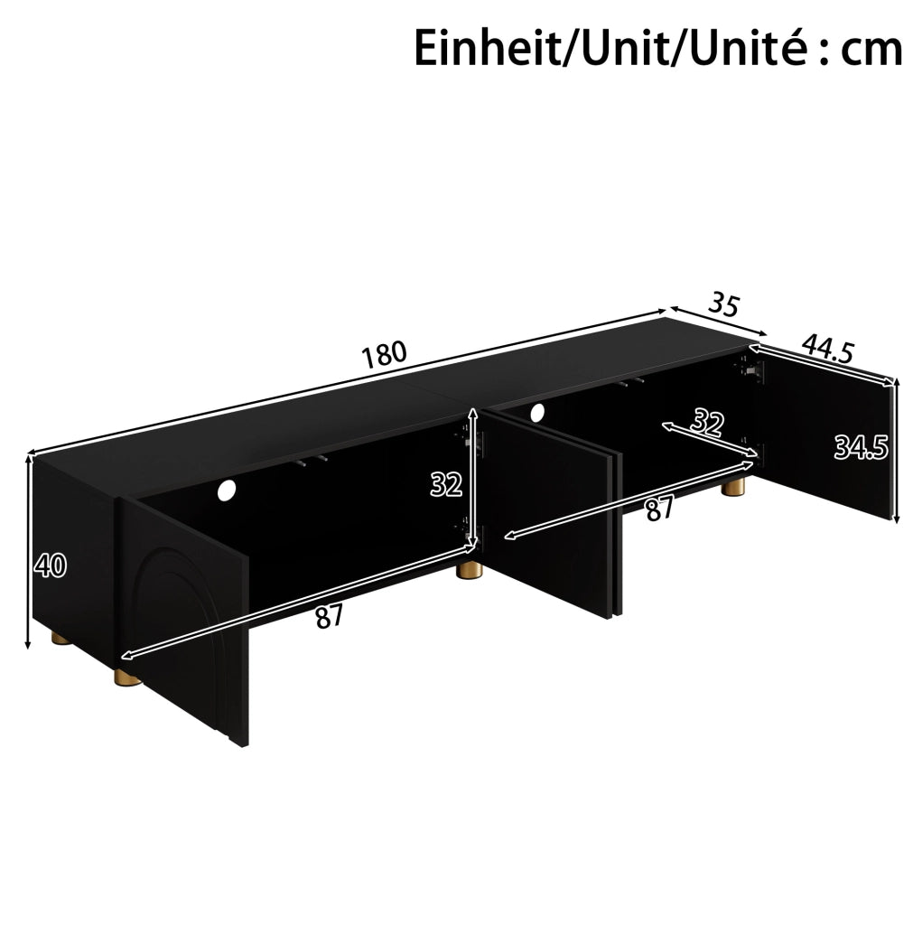 Mobile TV 180x35x40 cm con 4 porte; rilievo ad arco; in MDF e pannello truciolare; nero