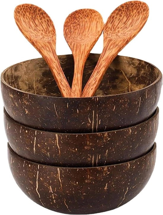 Set di Ciotole di Cocco - Set di Cucchiaini in Legno Artigianale - Ciotola per Insalata di Frutta e Dessert - Ciotola per Riso Ramen