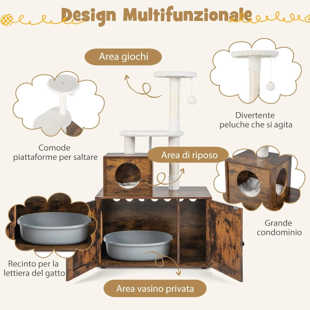 Tiragraffi per Gatti Adulti Con Cuccia, Piattaforma, Cuscini e Albero Alto in Legno - 77,5 x 49 x 132 cm