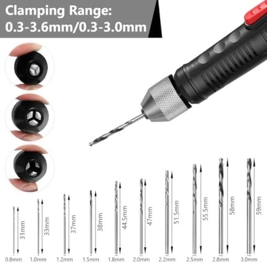 2 contenitori per foratura, lega di alluminio con 10 set di punte per foratura a spirale (0,8 - 3,0 mm), foratura a mano, mini-trapano, pinza per foratura, contenitore per foratura rapida per legno, plastica, gioielli, modellismo, fai da te
