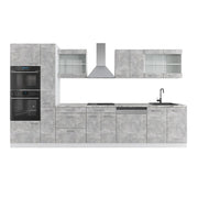 Cucina componibile R-Line Calcestruzzo/Bianco 350 cm con armadio alto, senza piano di lavoro Vicco