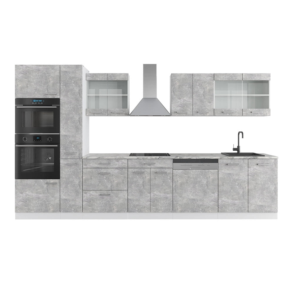 Cucina componibile R-Line Calcestruzzo/Bianco 350 cm con armadio alto, senza piano di lavoro Vicco