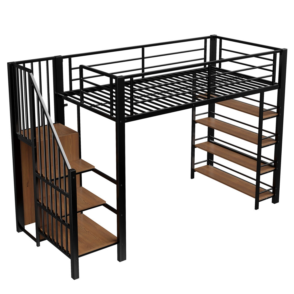 Letto a castello nero in metallo con scala di sicurezza spazio di stoccaggio e piccolo armadio 90x200cm
