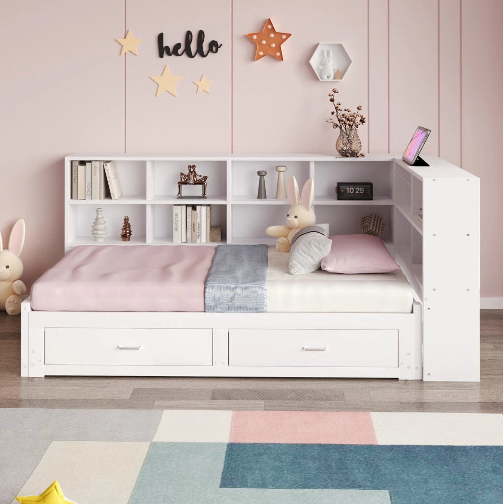 Letto multifunzione 90/180x190 cm con letto estraibile; contenitore; legno; bianco
