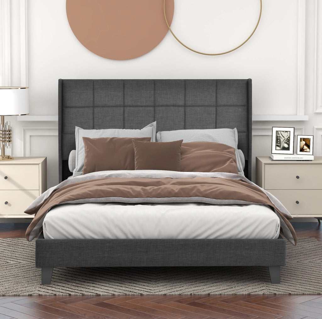 Letto imbottito matrimoniale 140x200 cm in lino grigio con rete a doghe e materasso a molle insacchettate