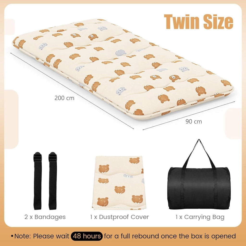 Materasso da pavimento Futon Giapponese, Tappetino Tatami Pieghevole e Portatile, Materasso Pieghevole con Borsa da Trasporto e Fodera Rimovibile (Beige+Orso, 90 x 200 cm)