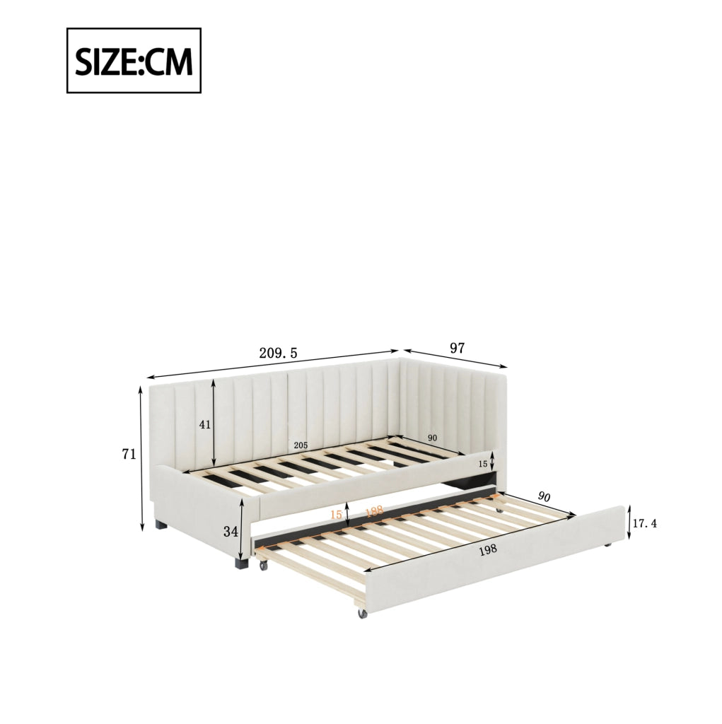 Letto singolo imbottito 90×200 cm beige con letto estraibile e rete a doghe