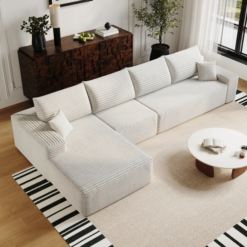 Divano angolare modulare con chaise longue a forma di l senza attrezzi imbottitura in schiuma elastica tessuto bianco