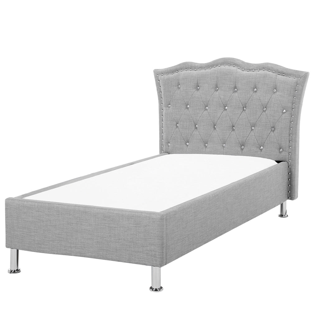 Letto singolo grigio tessuto imbottito Telaio con decorazione rete a doghe 90 x 200 cm Bottoni di cristallo Poggiatesta Camera da letto Moderna Glam