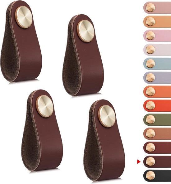 Maniglie in pelle - 4 pezzi - 14*2,5*0,3 cm - viti 2,2 mm - maniglie per armadi - maniglie in pelle per carichi - maniglie vintage - adatte per armadi, tavoli da cucina, bagni - foro singolo - maniglie in pelle con maniglione in ottone.