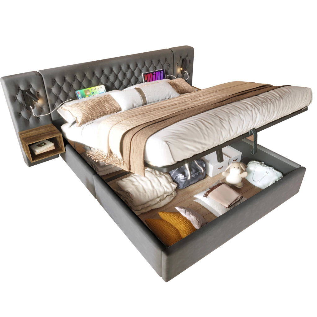 Letto matrimoniale 160x200 cm in velluto grigio con 2 comodini; luci lettura e ricarica USB-C