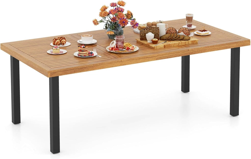 Tavolo da Giardino con Foro per Ombrellone, Tavolo da Pranzo in Legno di Acacia, Tavolo Rettangolare per 8 Persone, 200 x 100 x 75 cm, per Esterni, Balcone, Cortile, Patio (Modello C)