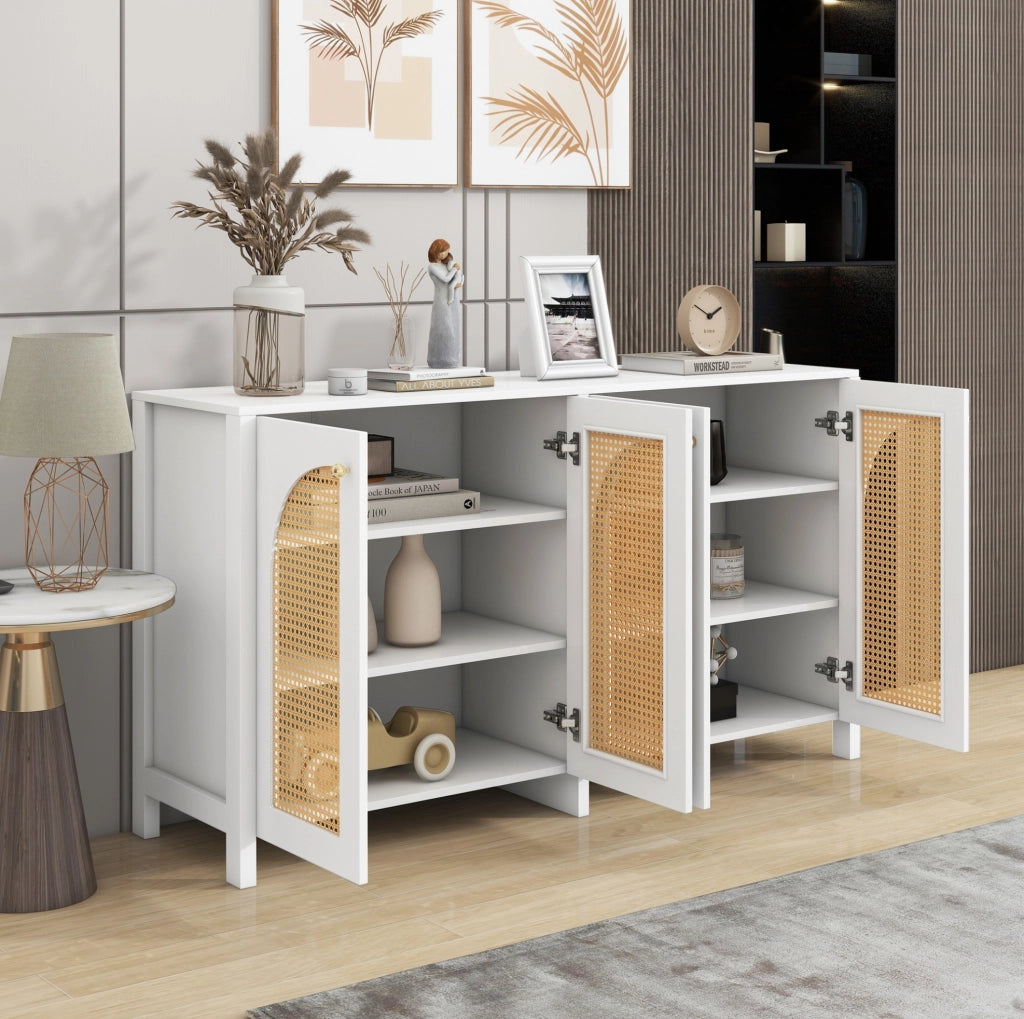 Sideboard a 4 ante; in MDF; truciolare e rattan sintetico; bianco