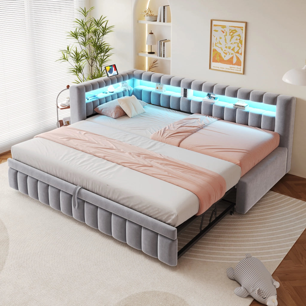 Letto imbottito trasformabile 90x200 cm con letto estraibile, LED, porte USB e C, velluto grigio chiaro