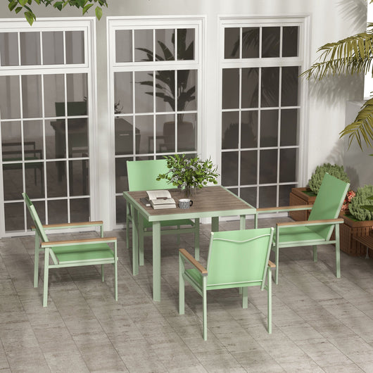 Set Tavolo e 4 Sedie con Braccioli da Giardino in Tessuto a Rete e Acciaio Verde
