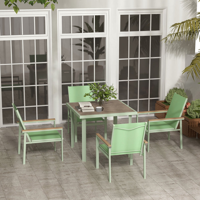 Set Tavolo e 4 Sedie con Braccioli da Giardino in Tessuto a Rete e Acciaio Verde