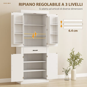 Dispensa Cucina in Stile Country 76x39,5x183,5 cm con 2 Armadietti 6 Ripiani e Cassetto in Legno Bianco