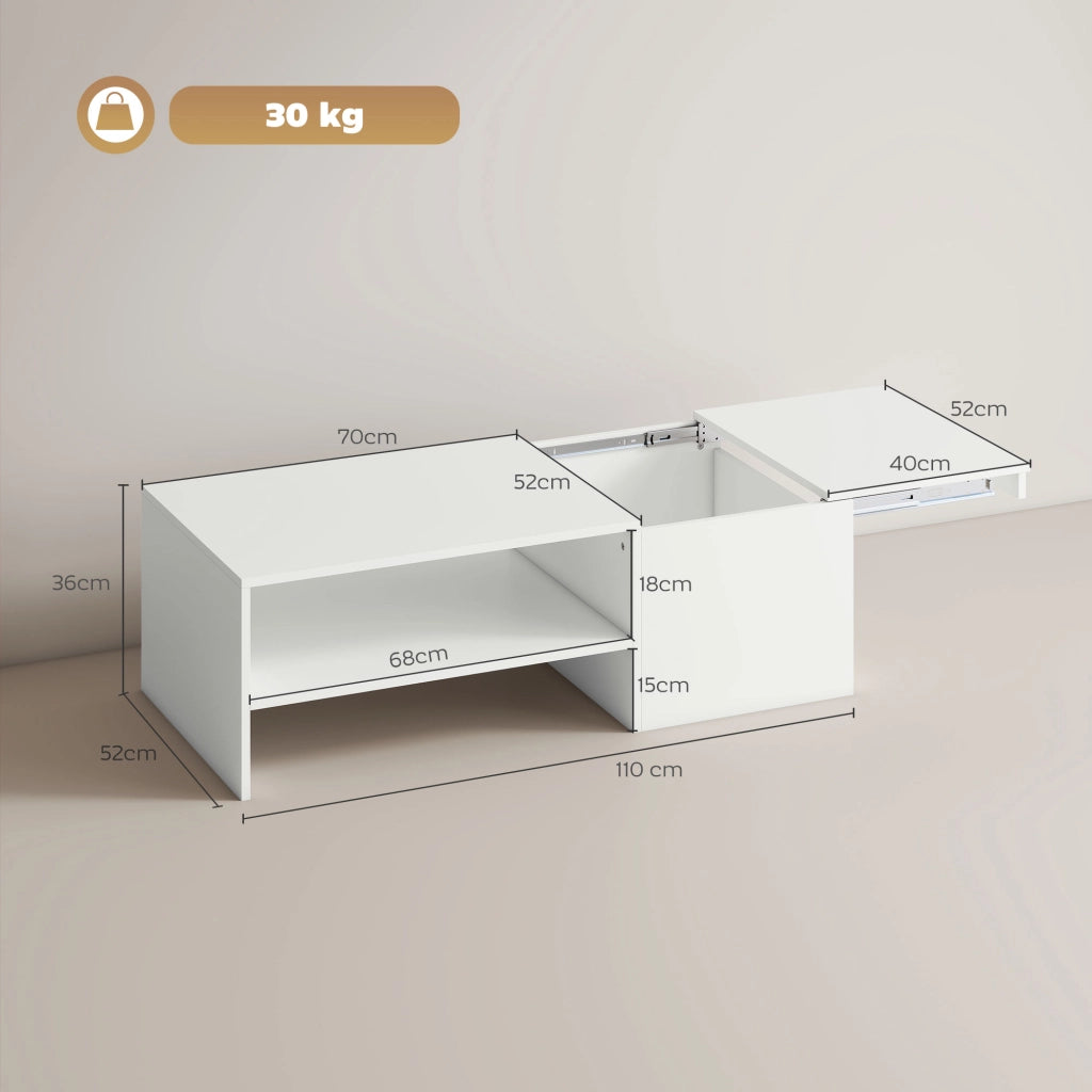 Tavolino da Caffè 110x52x36 cm con Piano Scorrevole e Ripiano Aperto e a Scomparsa in Legno Bianco