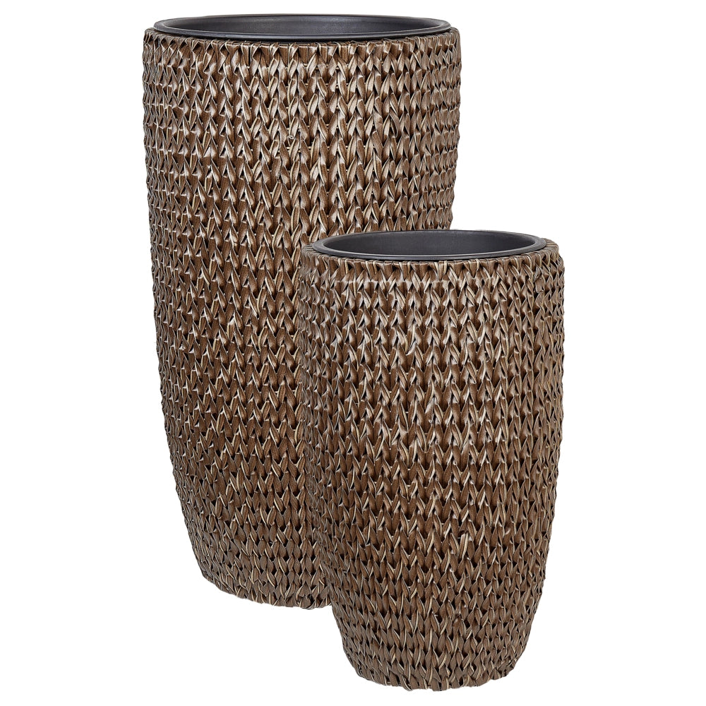 Set di 2 vasi in finto rattan marrone per piante con inserto per interni ed esterni