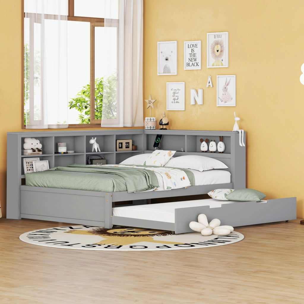 OKWISH Letto estraibile 140×200 cm e 90×190 cm, Letto 3 Posti con USB, Vani Portaoggetti e Mensole, senza Materasso, Legno, Grigio