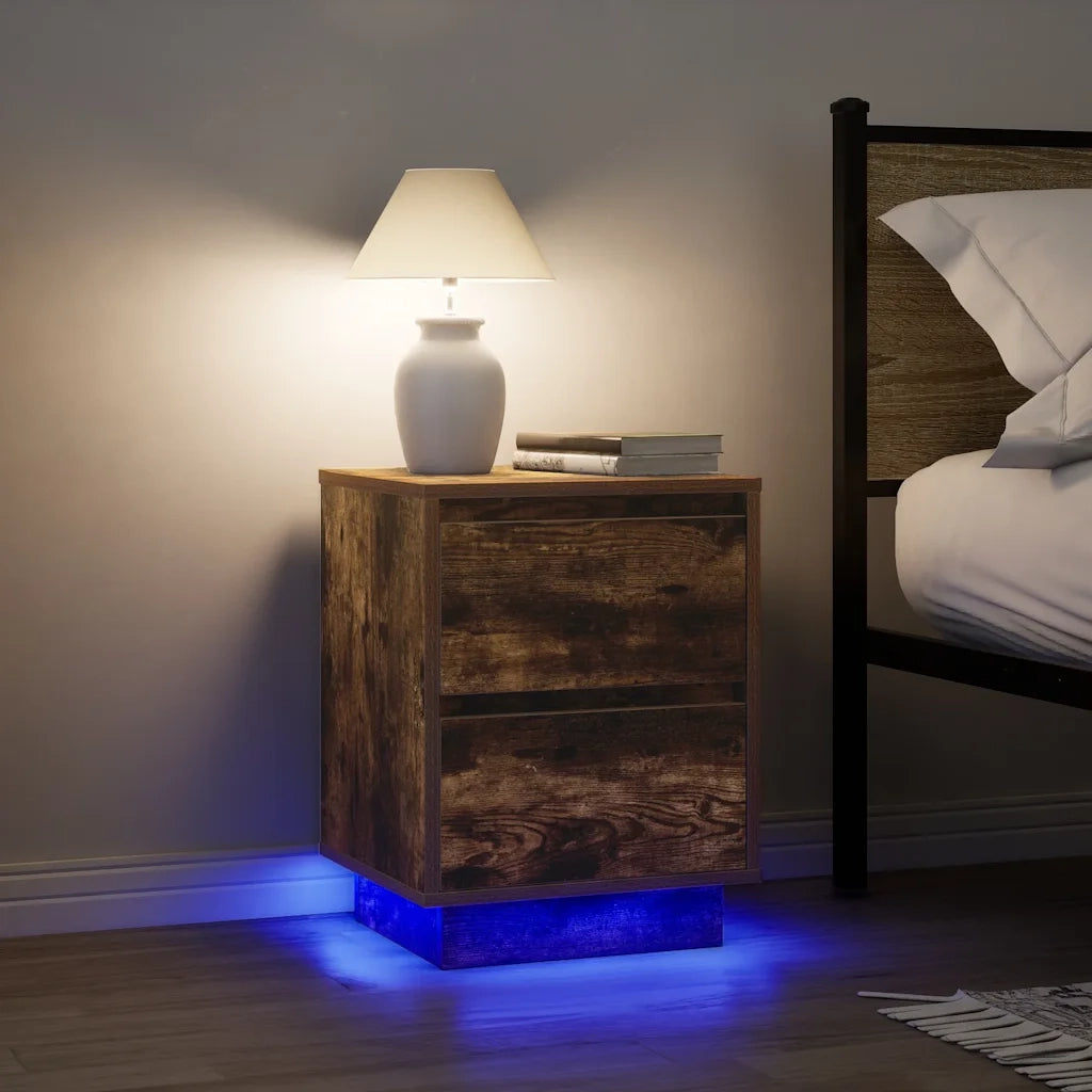 Comodino | Armadio da Notte | Mobiletto da notte con Luci LED Rovere Fumo 38x34x50 cm