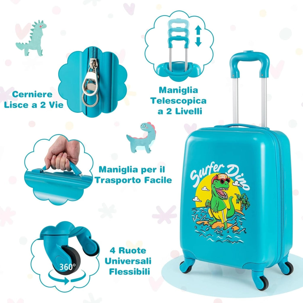 Set di 2 Valigia per Bambini, 17" Valigia+ 13" Zaino, con Ruote Girevoli a 360°, Maniglia Retrattile e Spallacci Regolabili, Ideale per Viaggiare in Modo Comodo e Divertente (Modello 1)