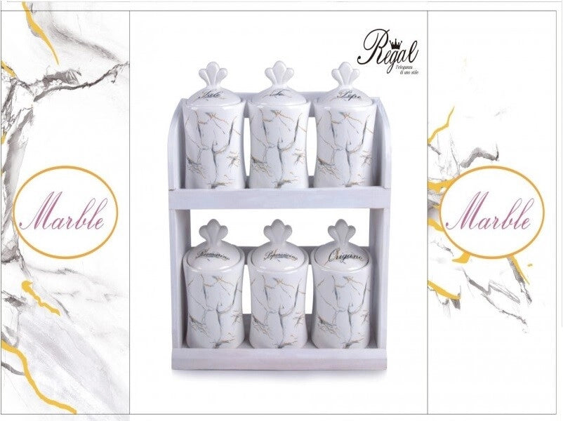 Set 6 Barattoli da Cucina Spezie in Ceramica + Mensola Decoro Marble