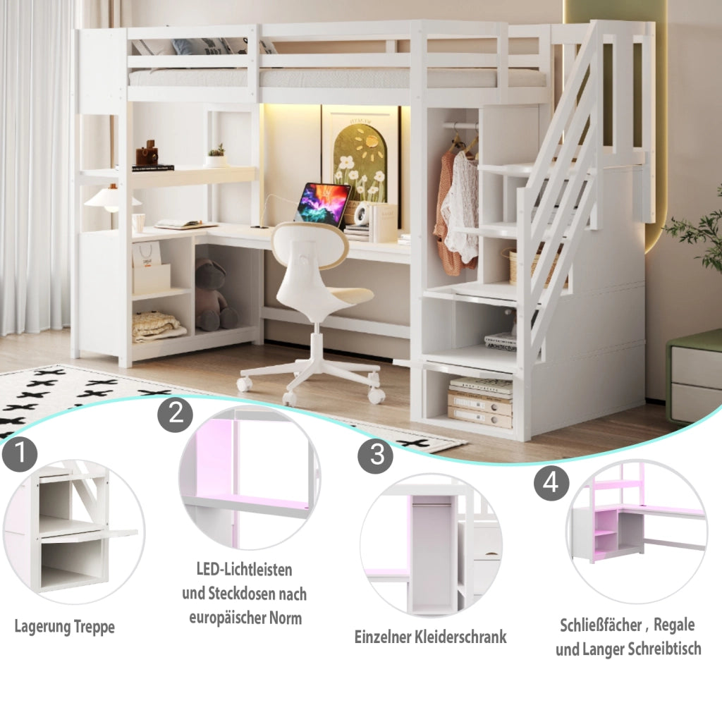 OKWISH Letto a soppalco 90×200 cm, Letto Singolo con Scrivania, Armadio, LED Multicolore, Prese e Mensole, senza Materasso, Bianco