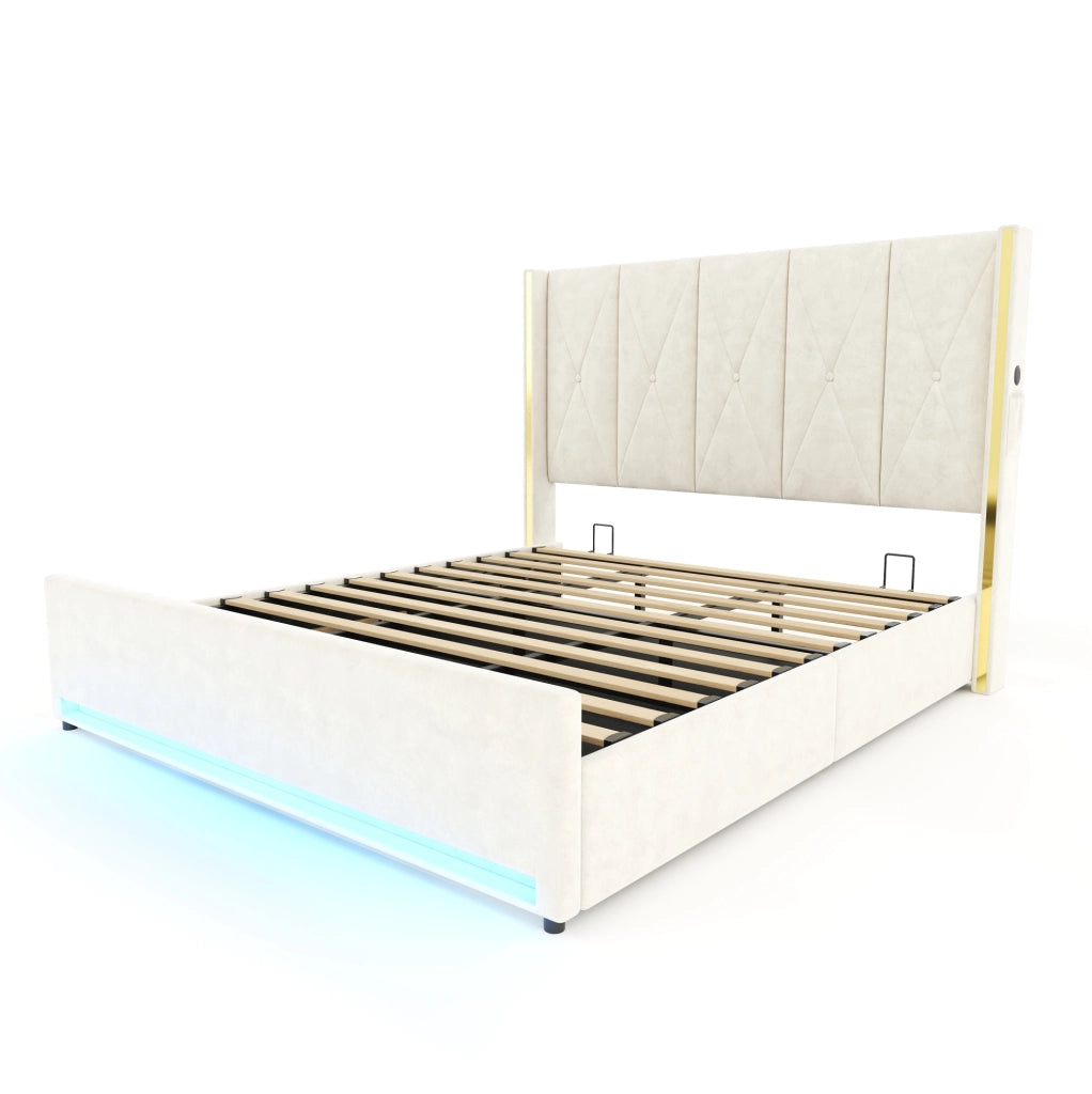 Letto 180x200 cm con contenitore; LED; USB e Type-C in velluto beige