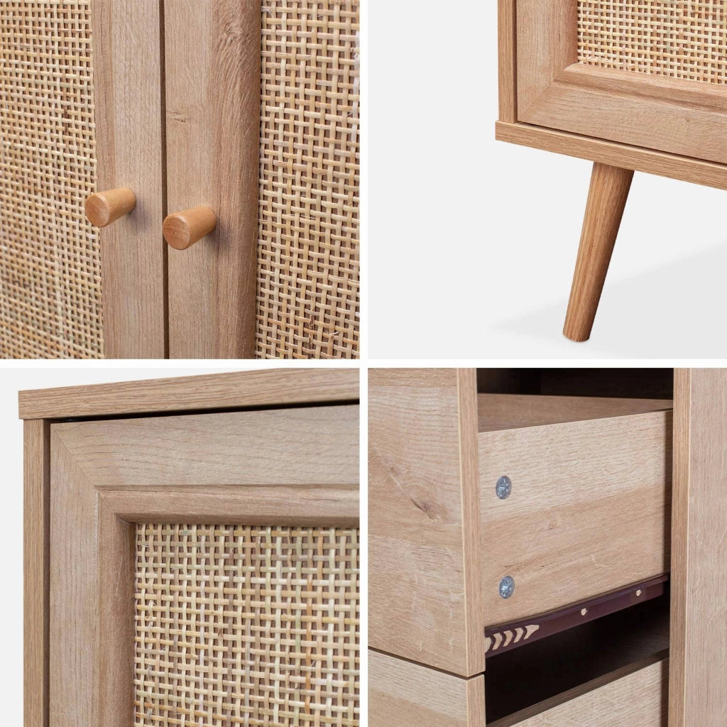Credenza scandinava a 2 ante in canna, 150cm, marrone naturale