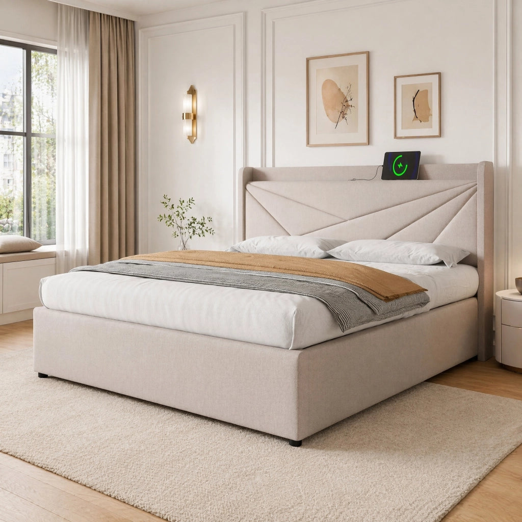 Letto matrimoniale 160x200 con contenitore, testiera con USB e Tipo C, struttura in cotone lino beige