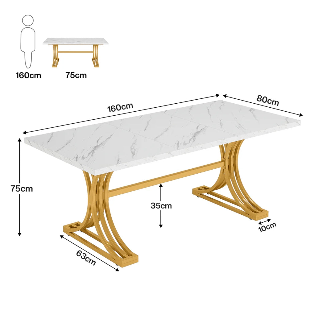 Tavolo da pranzo moderno 160x80 cm con piano effetto marmo e gambe in metallo, bianco e oro