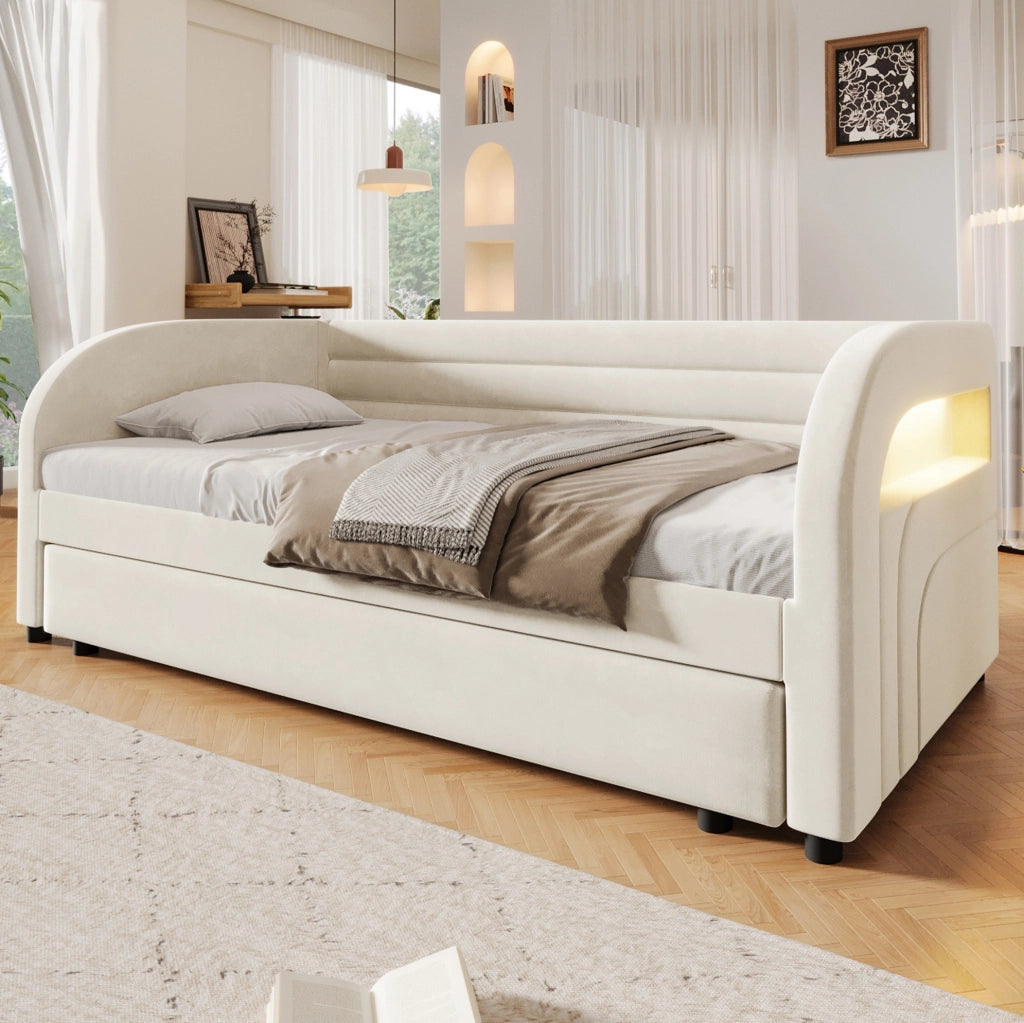 Letto imbottito singolo 90x200 cm con letto estraibile e LED laterale; flanella beige