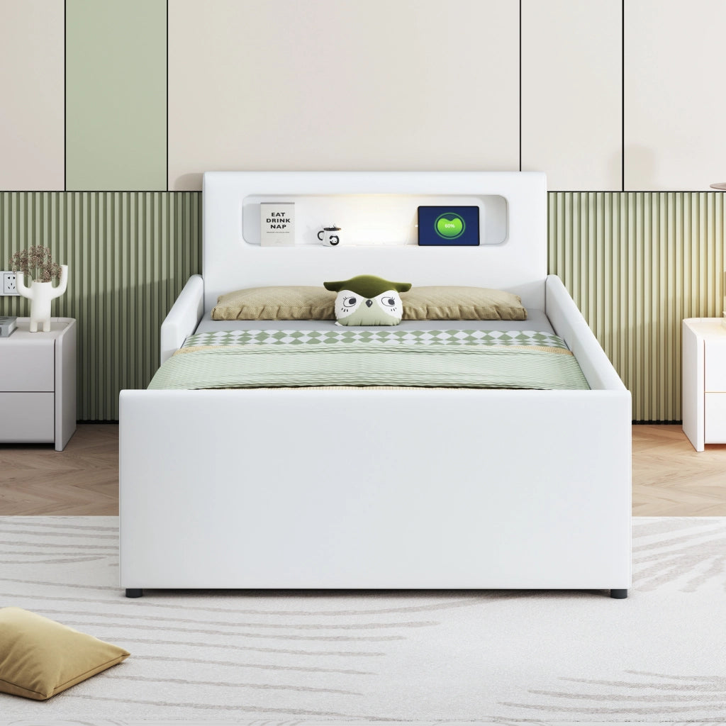 OKWISH Letto Bambini 90×200 cm, Letto Singolo con USB, Luce Notturna e Cassetto, senza Materasso, in Ecopelle, Bianco